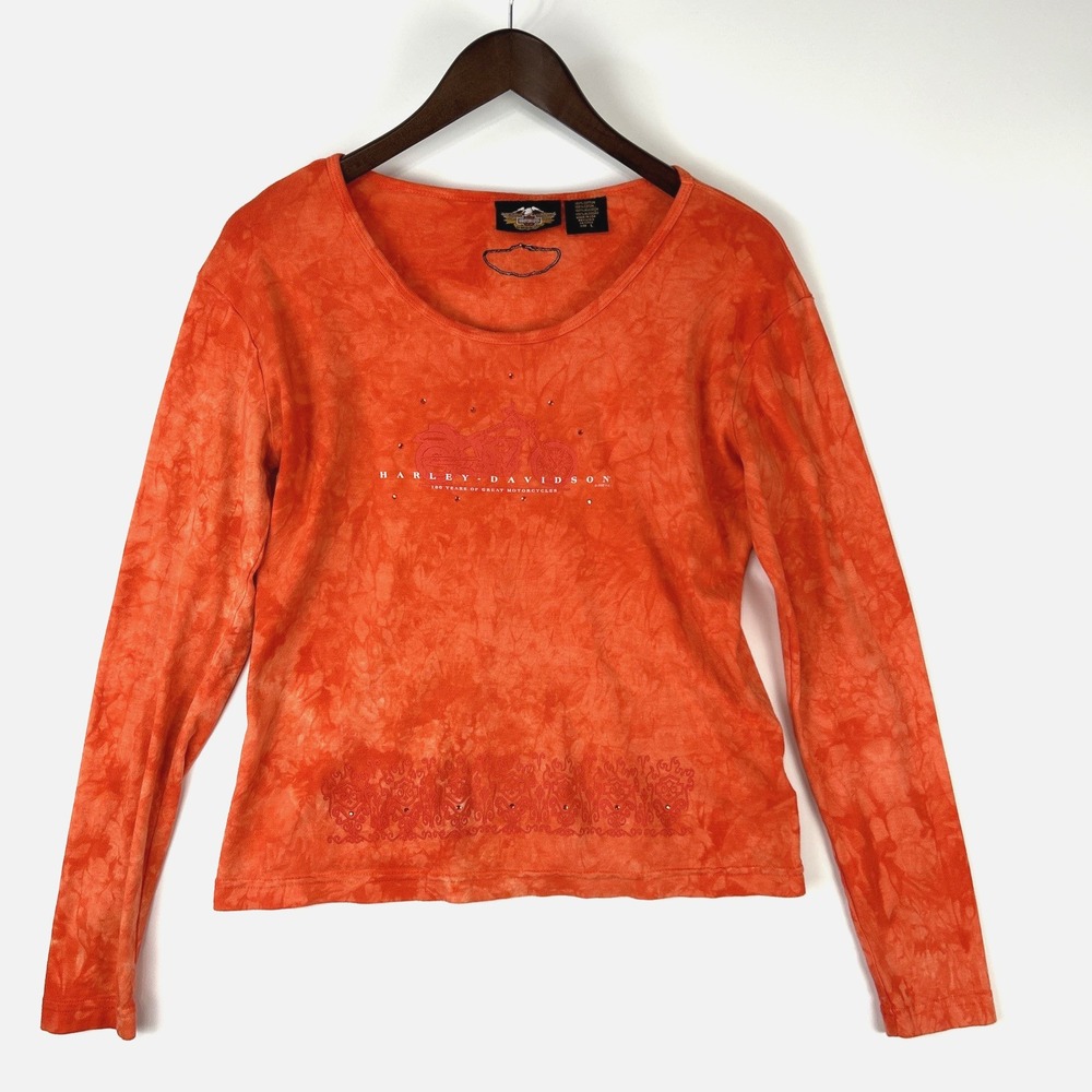 Harley Davidson Womens Long Sleeve Tee Size L Orange Tie Dye Rhinestone Punk‎